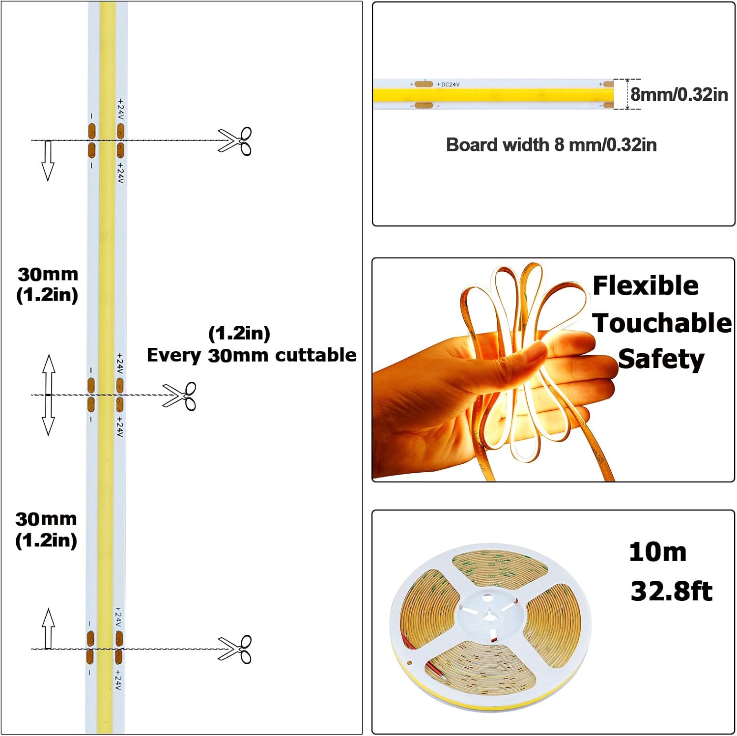 32.8ft/10M 24V COB LED Strip Warm White 3000K 3840LEDs CRI 93+ 6800lm — image 3