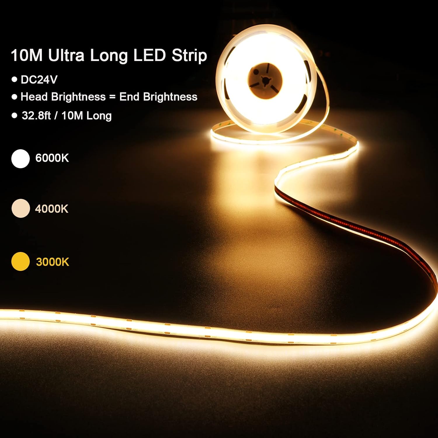 32.8ft/10M 24V COB LED Strip Warm White 3000K 3840LEDs CRI 93+ 6800lm — image 8