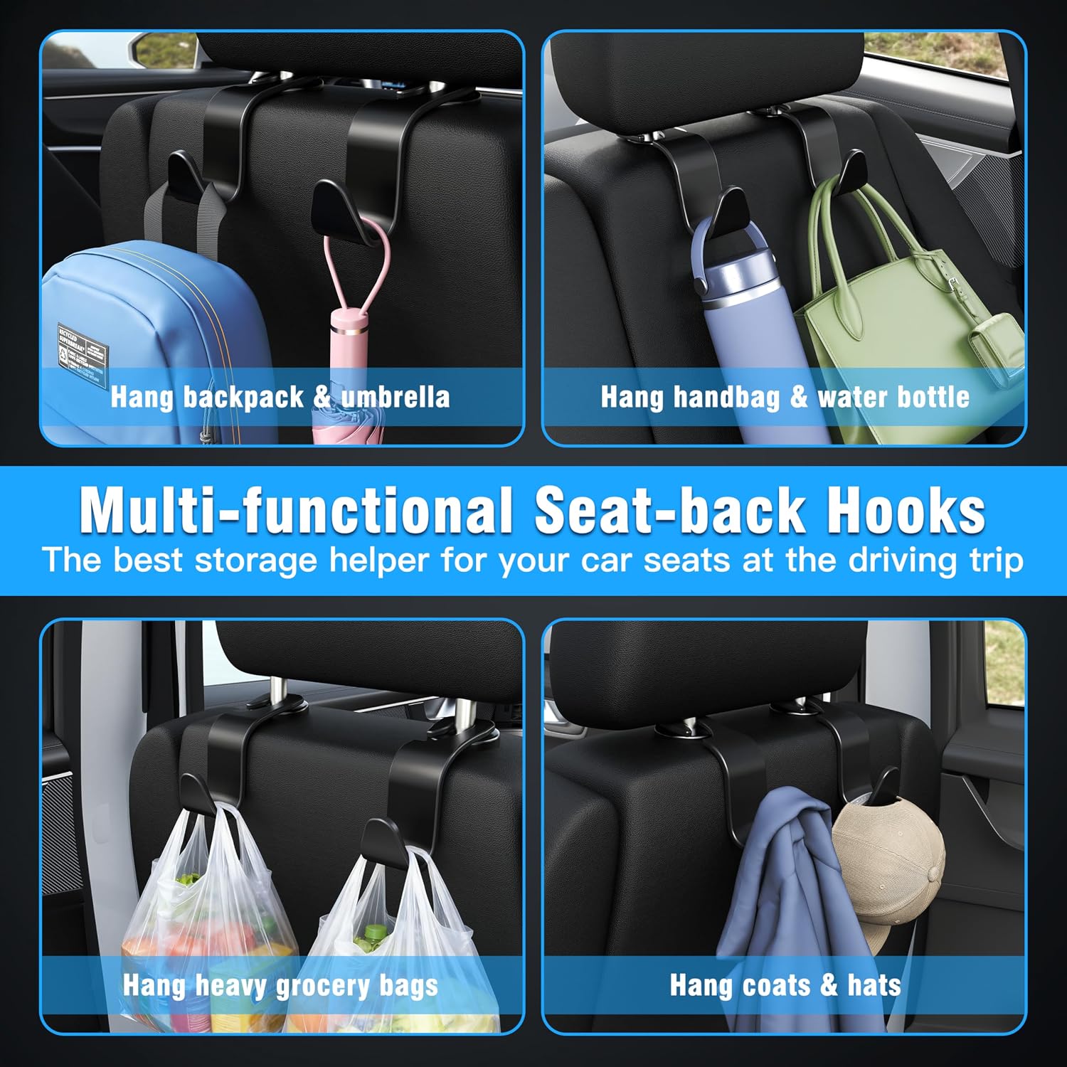 4-Pack Car Headrest Hooks Holds 55lbs Seat Storage Organizer for Bags — 3