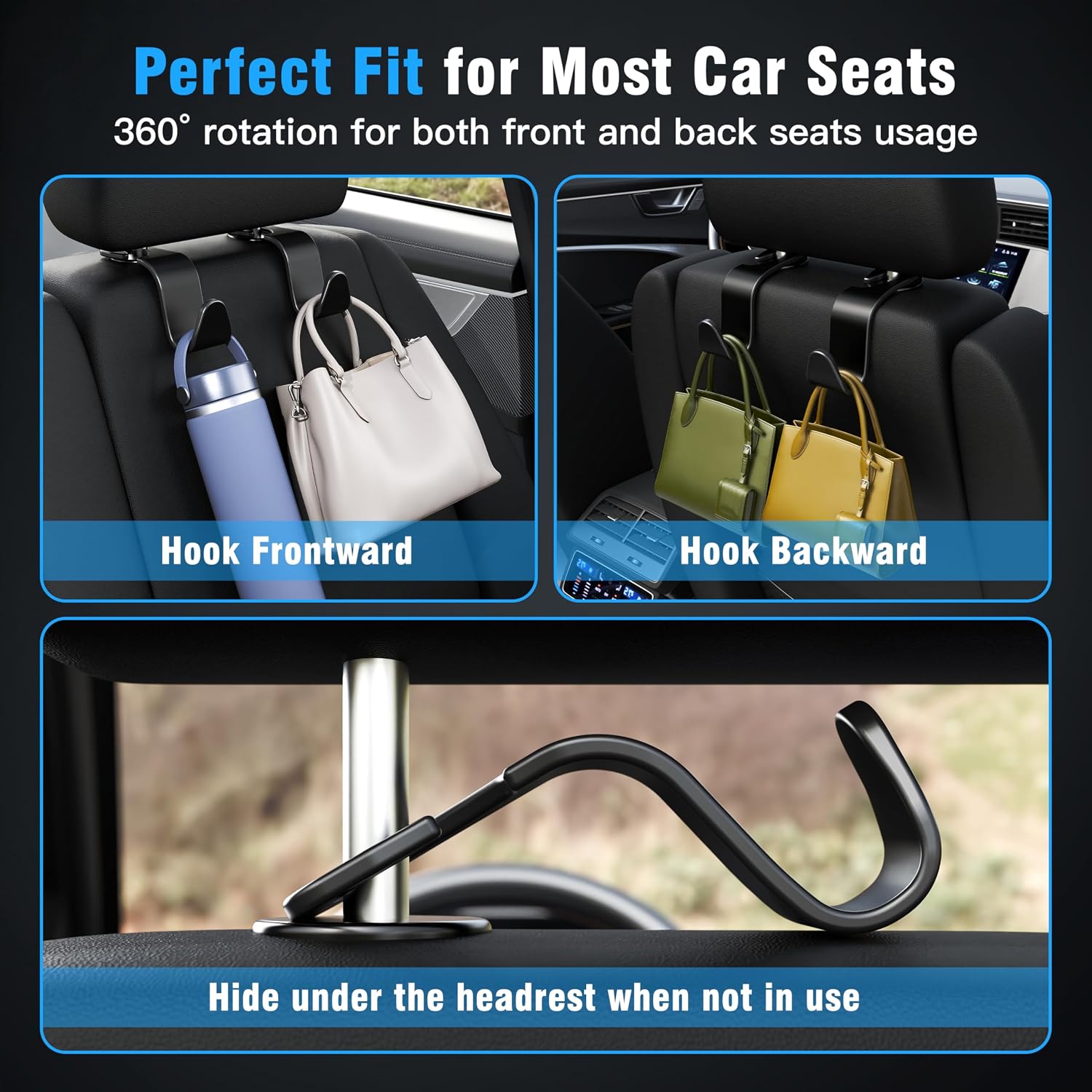 4-Pack Car Headrest Hooks Holds 55lbs Seat Storage Organizer for Bags — 4