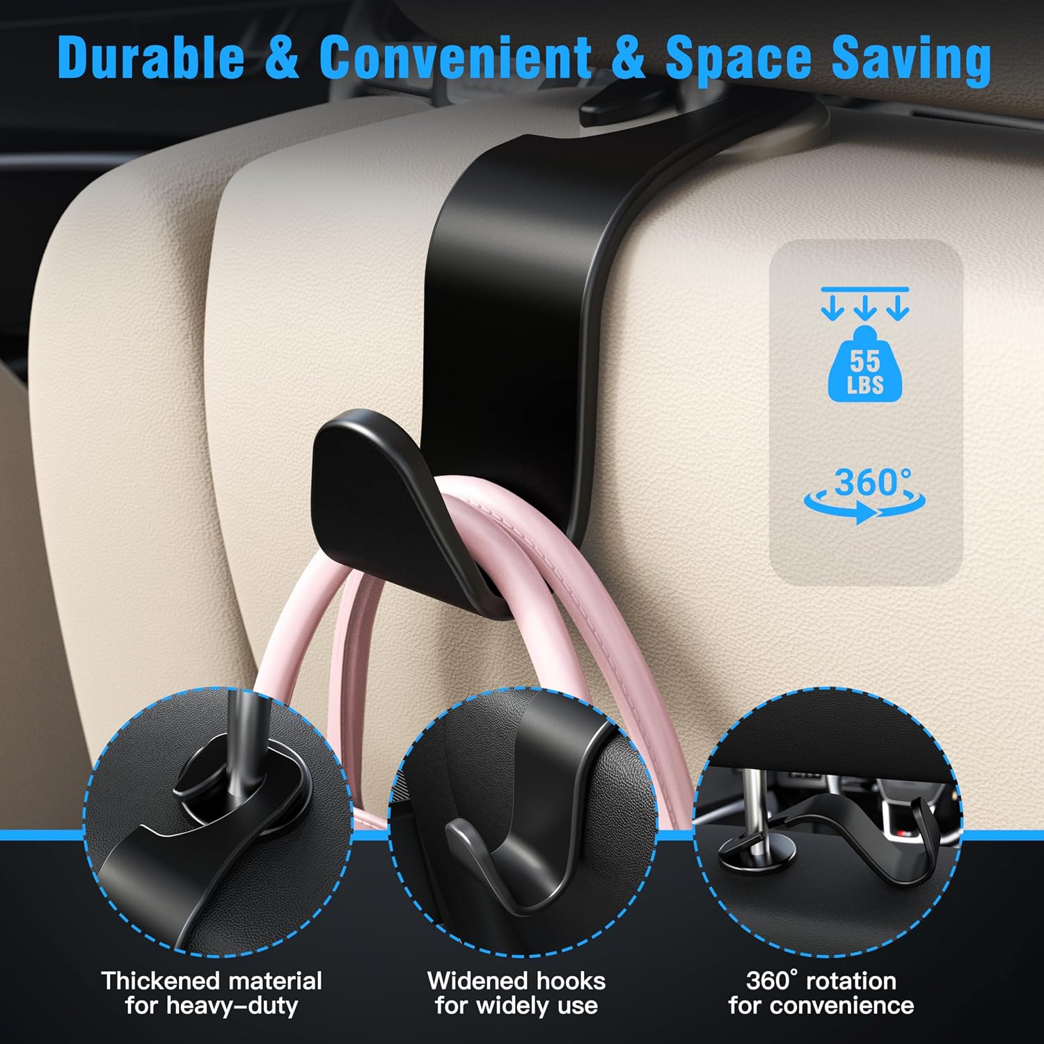 4-Pack Car Headrest Hooks Holds 55lbs Seat Storage Organizer for Bags — 5