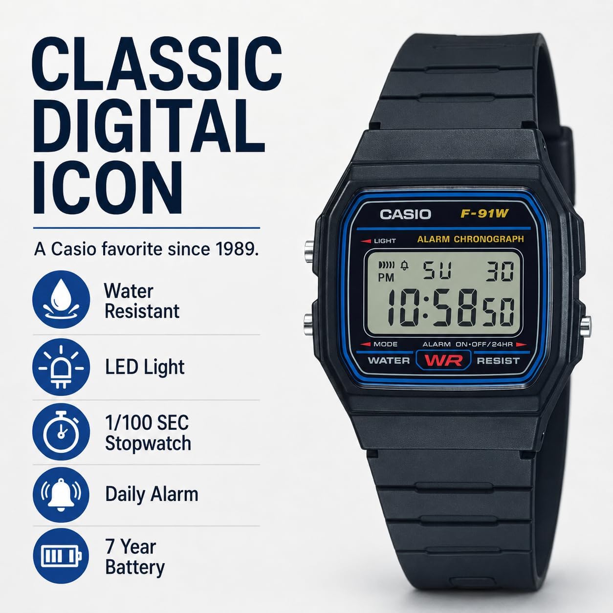 Casio F91W Series | Digital Watch | Water Resistant | LED Light | 1/100 SEC Stopwatch | Regular Time Keeping (HR, Min, SEC, PM, Date, Day) | Daily Alarm | Lightweight | 7 Year Battery — 2