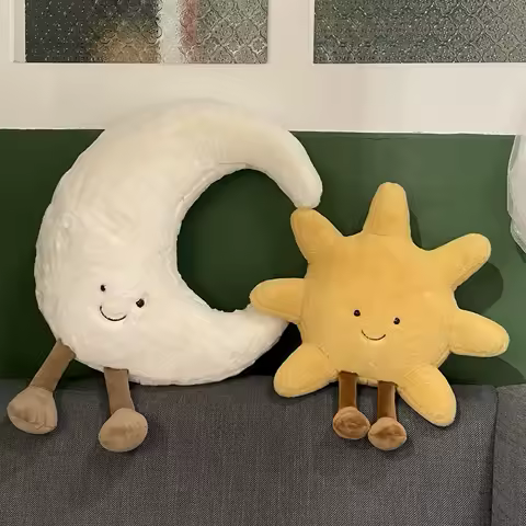 Entzückendes Lächeln-Gesicht, weißer Mond, gelbe Sonne, Plüschtier, gefüllt, niedliches Cartoon-Wetter-Plüschtier für Kinderzimmer, Dekor, Sofa, Dekokissen
