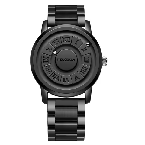 FOXBOX Herrenuhr, schwarzer Edelstahl, scrollender Zeiger, Magnetkraft, wasserdicht, Quarz-Armbanduhr für Herren, Montre Homme + BOX
