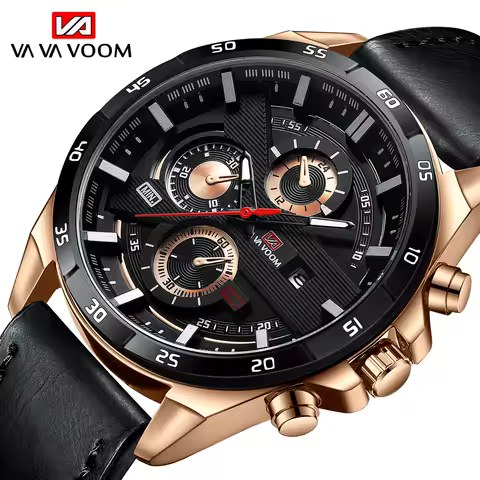 Herren-Sportuhren, modische Racing-Serie, 46 mm, schwarze Lederuhr, VA VA VOOM, Quarzwerk, 3 Bar, wasserdichte Armbanduhr für Herren