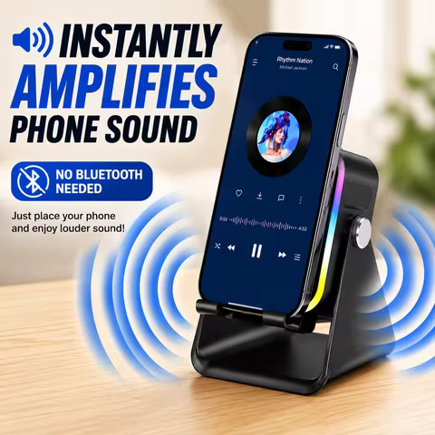 HOOWI Support Téléphone 5 en 1, Amplificateur de Son Sans Fil, Enceinte Bluetooth, Batterie Externe 5000mAh, Support Smartphone/Tablette 360° avec Lumière RGB