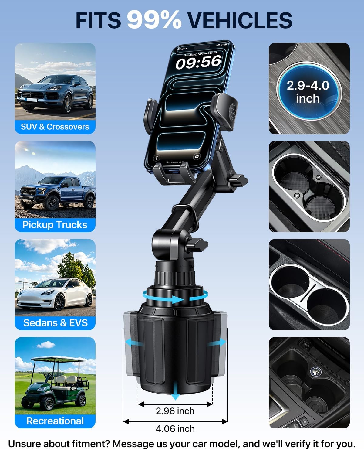 HTU【2026 Upgraded & No Shaking Cup Car Phone Holder, Universal 360° Rotation Long Neck Cupholder Cell Phone Car Mount Extendable Base for iPhone Samsung All 4.0-7.0 inches Smartphones, Silver Grey — image 5