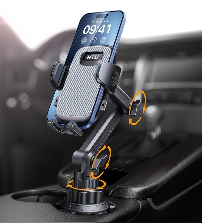 HTU【2026 Upgraded & No Shaking Cup Car Phone Holder, Universal 360° Rotation Long Neck Cupholder Cell Phone Car Mount Extendable Base for iPhone Samsung All 4.0-7.0 inches Smartphones, Silver Grey — image 6