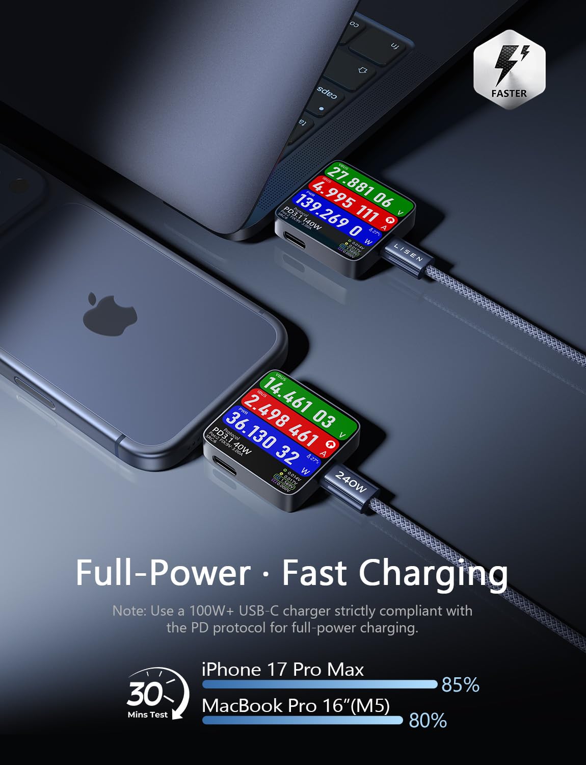 LISEN USB C to USB C Cable, 240W Fast Charging Type C Charger Cord (6.6FT) — image 3
