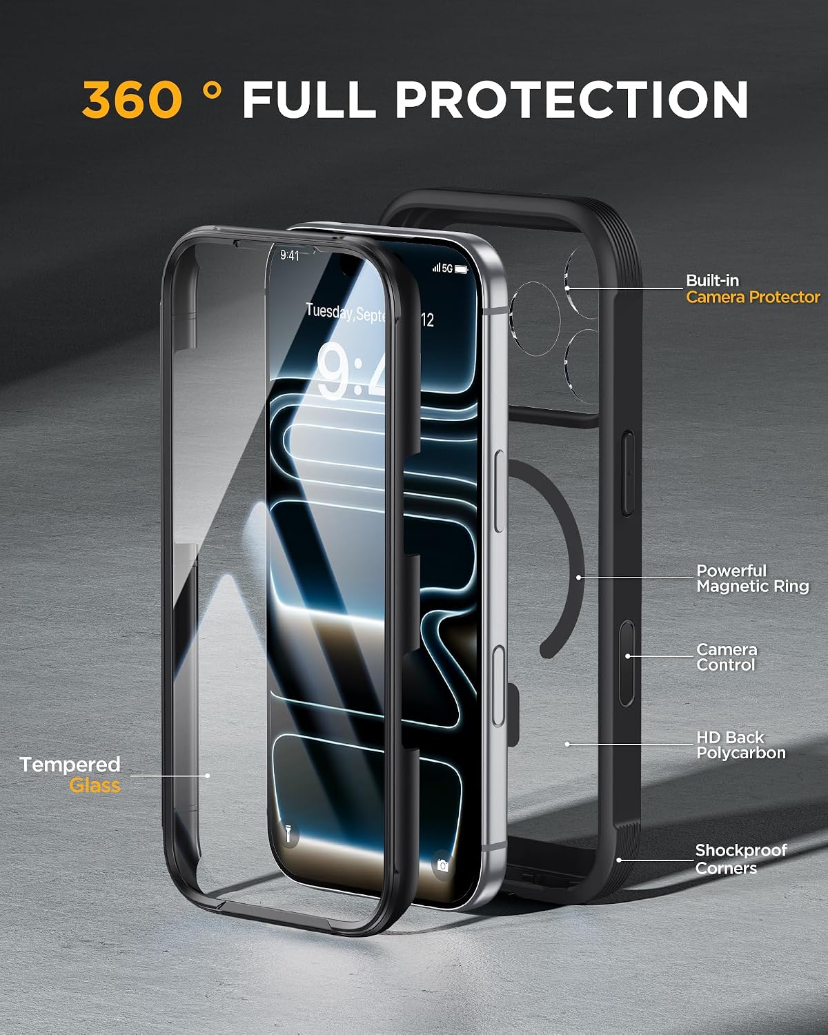 Miracase for iPhone 17 Pro Case 6.3", Full-Body Bumper Military Drop Protection Outdoor Phone Case with Built-in Glass Screen & Full Camera Protector,Camera Control,Compatible with MagSafe,Black — 3