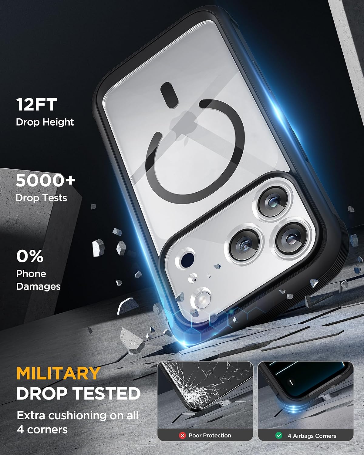 Miracase for iPhone 17 Pro Case 6.3", Full-Body Bumper Military Drop Protection Outdoor Phone Case with Built-in Glass Screen & Full Camera Protector,Camera Control,Compatible with MagSafe,Black — 7