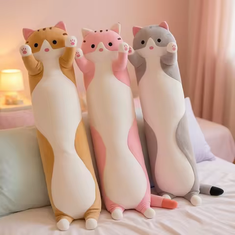 Süßes Katzen-Plüschtier, lang, rosa, braun, grau, schlafende Katzen, Beinkissen, matschige kleine Tierpuppe, beruhigendes Plüschtier-Geschenk