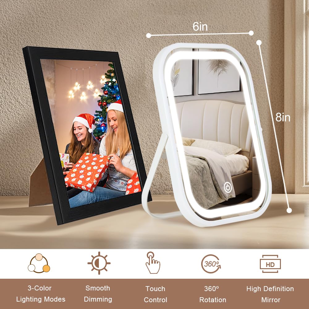 YEKKOPT Travel Makeup Mirror with Lights, Portable Small Beauty LED Vanity Mirror with Lights, 1200mAh Battery, Dimmable Touch Screen, Tabletop Folding Compact Mirror,Women Gift — 2