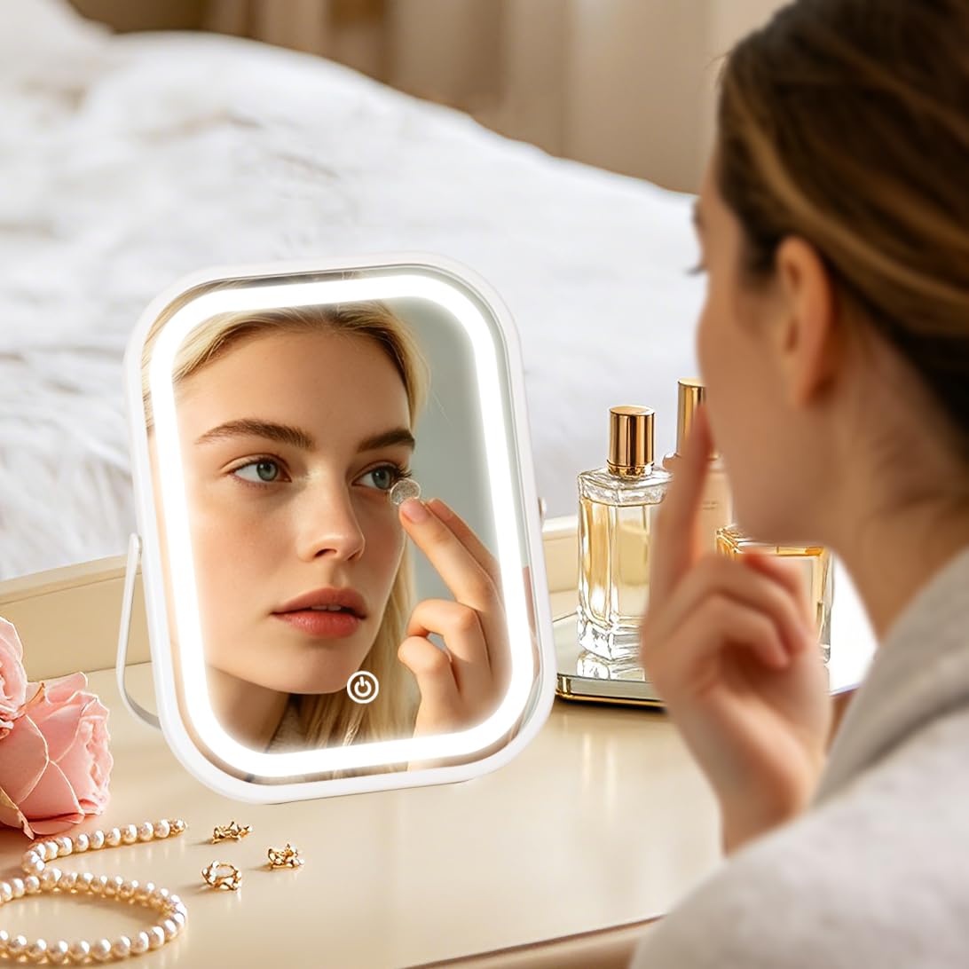 YEKKOPT Travel Makeup Mirror with Lights, Portable Small Beauty LED Vanity Mirror with Lights, 1200mAh Battery, Dimmable Touch Screen, Tabletop Folding Compact Mirror,Women Gift — 4