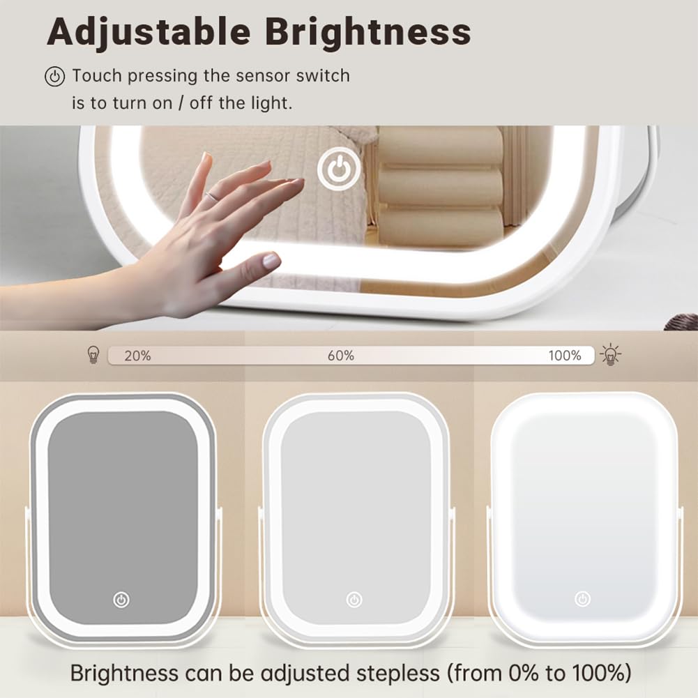 YEKKOPT Travel Makeup Mirror with Lights, Portable Small Beauty LED Vanity Mirror with Lights, 1200mAh Battery, Dimmable Touch Screen, Tabletop Folding Compact Mirror,Women Gift — 5