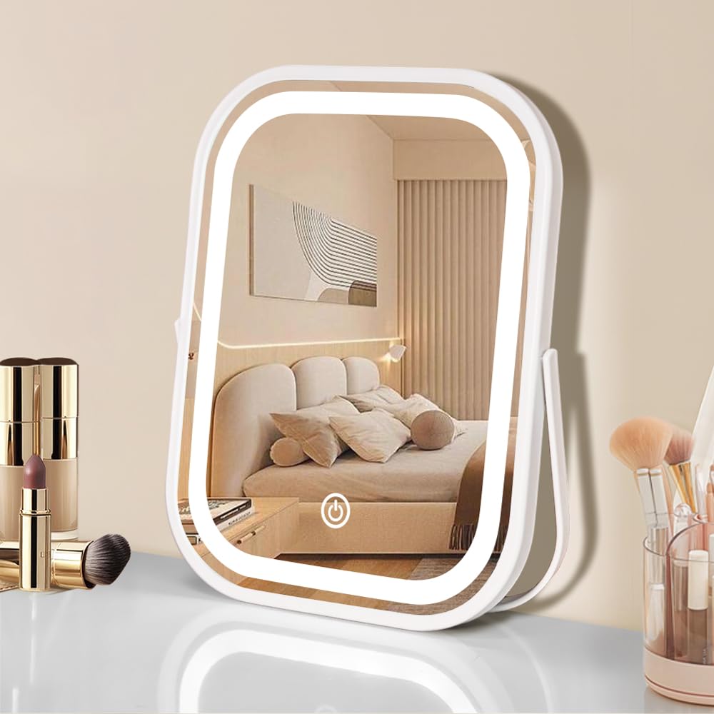 YEKKOPT Travel Makeup Mirror with Lights, Portable Small Beauty LED Vanity Mirror with Lights, 1200mAh Battery, Dimmable Touch Screen, Tabletop Folding Compact Mirror,Women Gift — 6
