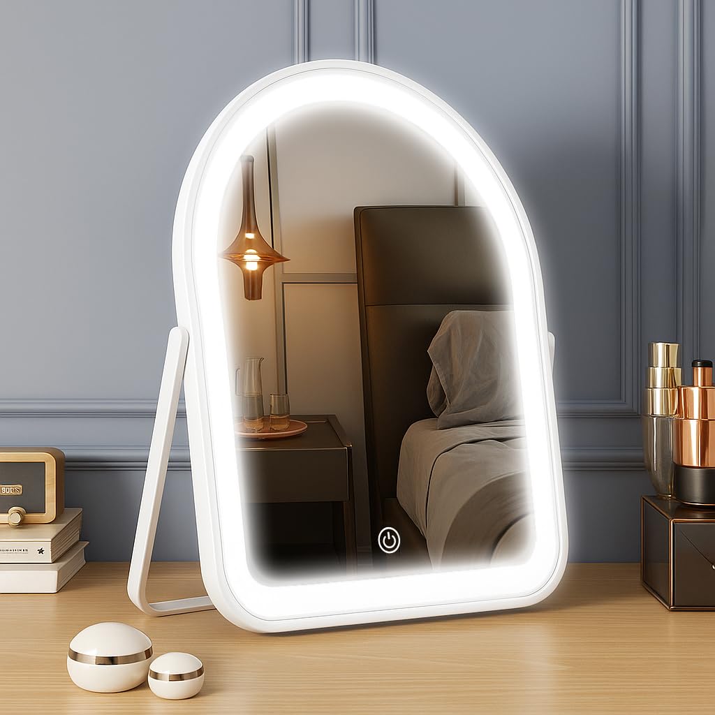 YEKKOPT Travel Makeup Mirror with Lights, Portable Small Beauty LED Vanity Mirror with Lights, 1200mAh Battery, Dimmable Touch Screen, Tabletop Folding Compact Mirror,Women Gift — 7