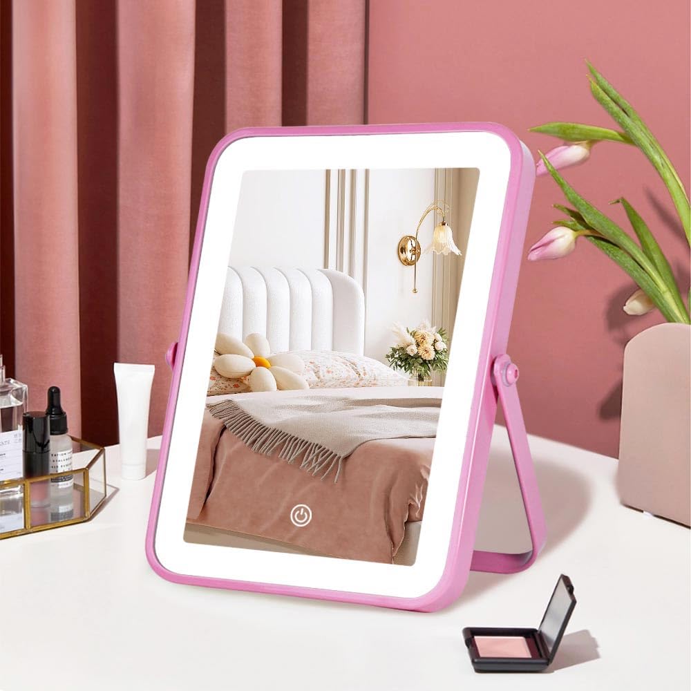 YEKKOPT Travel Makeup Mirror with Lights, Portable Small Beauty LED Vanity Mirror with Lights, 1200mAh Battery, Dimmable Touch Screen, Tabletop Folding Compact Mirror,Women Gift — 8