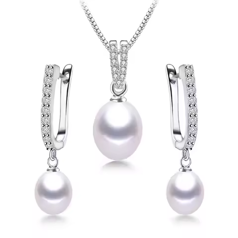 YWYC Hufeisen 8–9 mm Reis-Süßwasserperlen-Ohrringe und Halsketten, Schmuckset für Damen, 925er Sterlingsilber, 45 cm Anhänger-Halskette